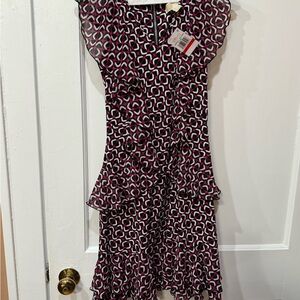 Women’s Michael Kors Black Pink Ruffles Geometric Short Dress NWT Size XS